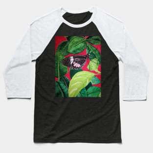 Black and pink butterfly watercolour painting with leaves against a bright red background Baseball T-Shirt